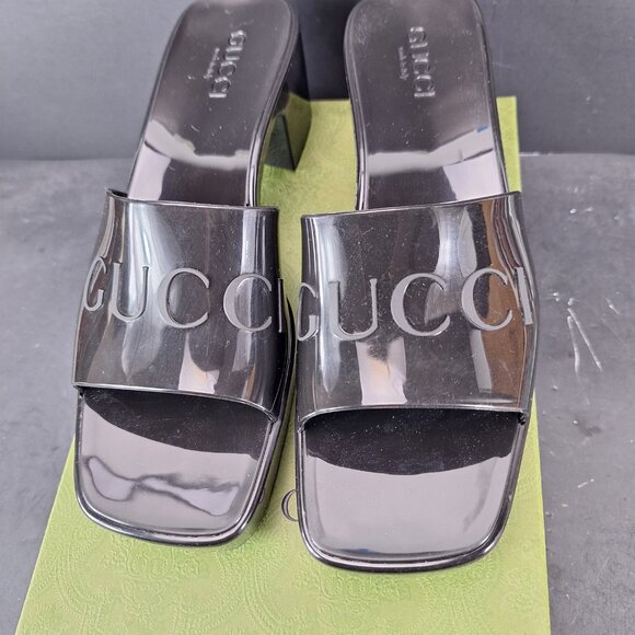 Gucci Rubber Block Heel Platform Logo Slide Sandals Womens Size 40 Black - Picture 6 of 15
